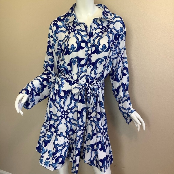 Blue and White Patterned Women's Shirt Dress - Picture 2 of 7